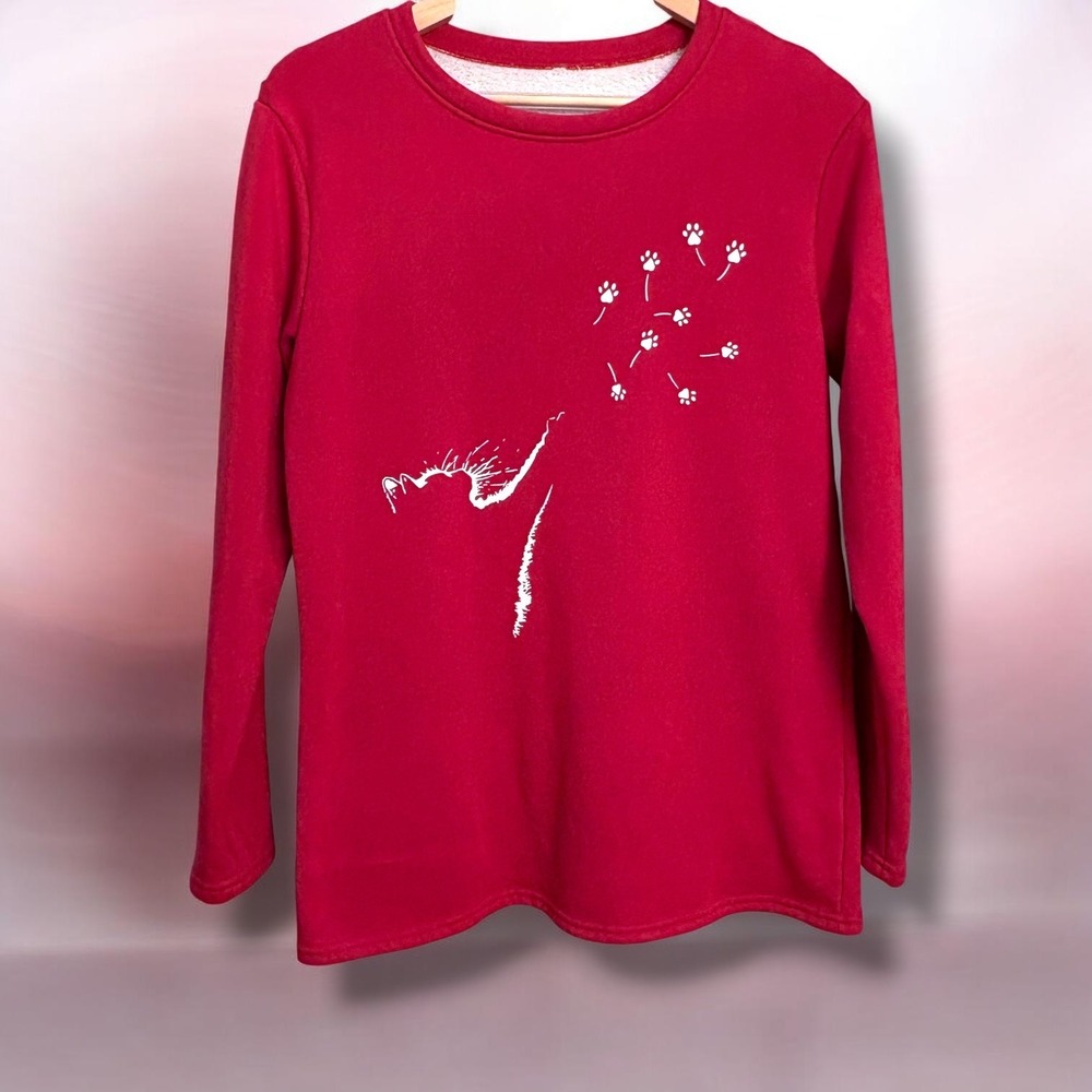 Womens Red Cat Paw Print Fleece Lined Sweatshirt Long‎ Sleeve Crew Neck Pullover